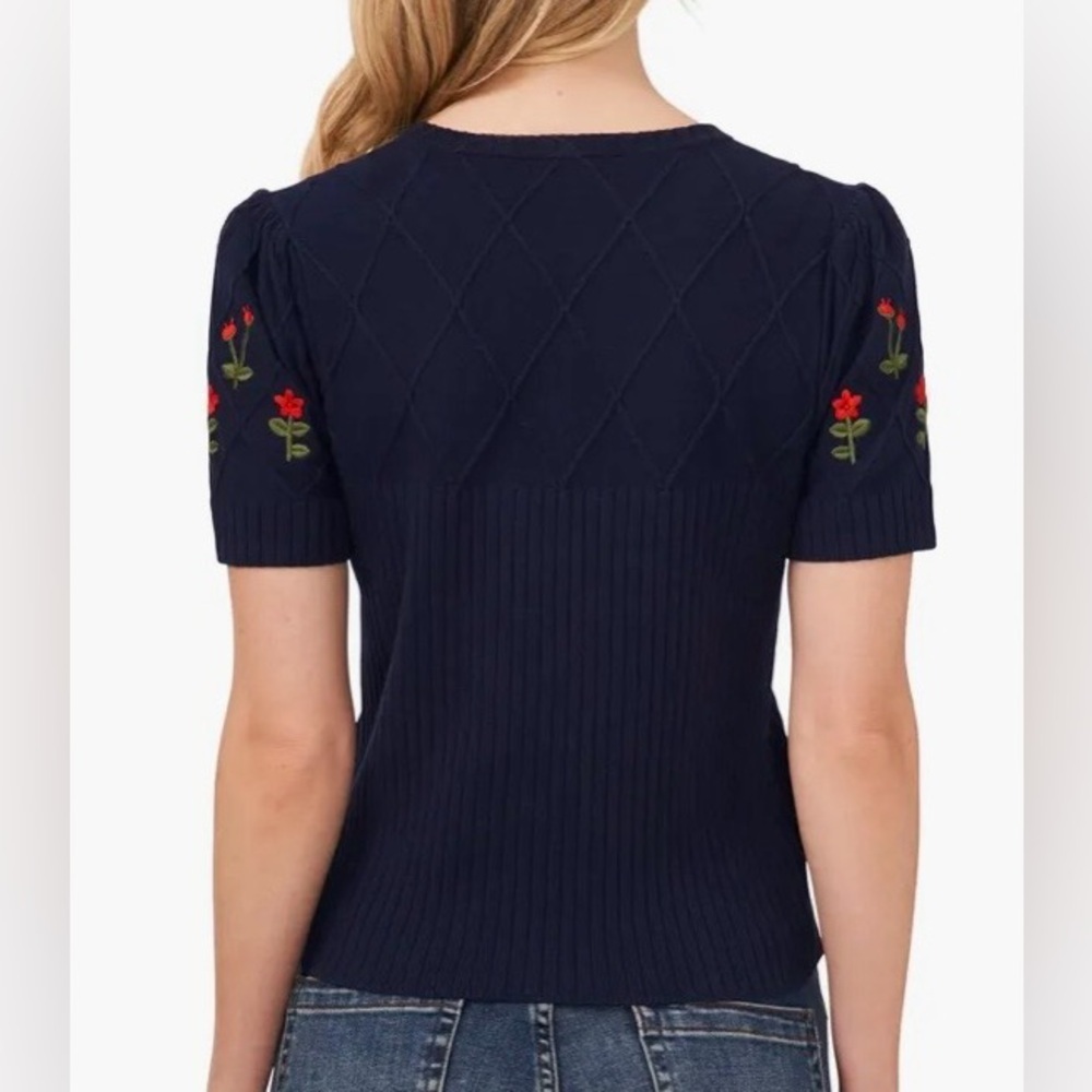 CeCe Cotton Embroidered Short Sleeve Sweater - Size Medium - Picture 2 of 8